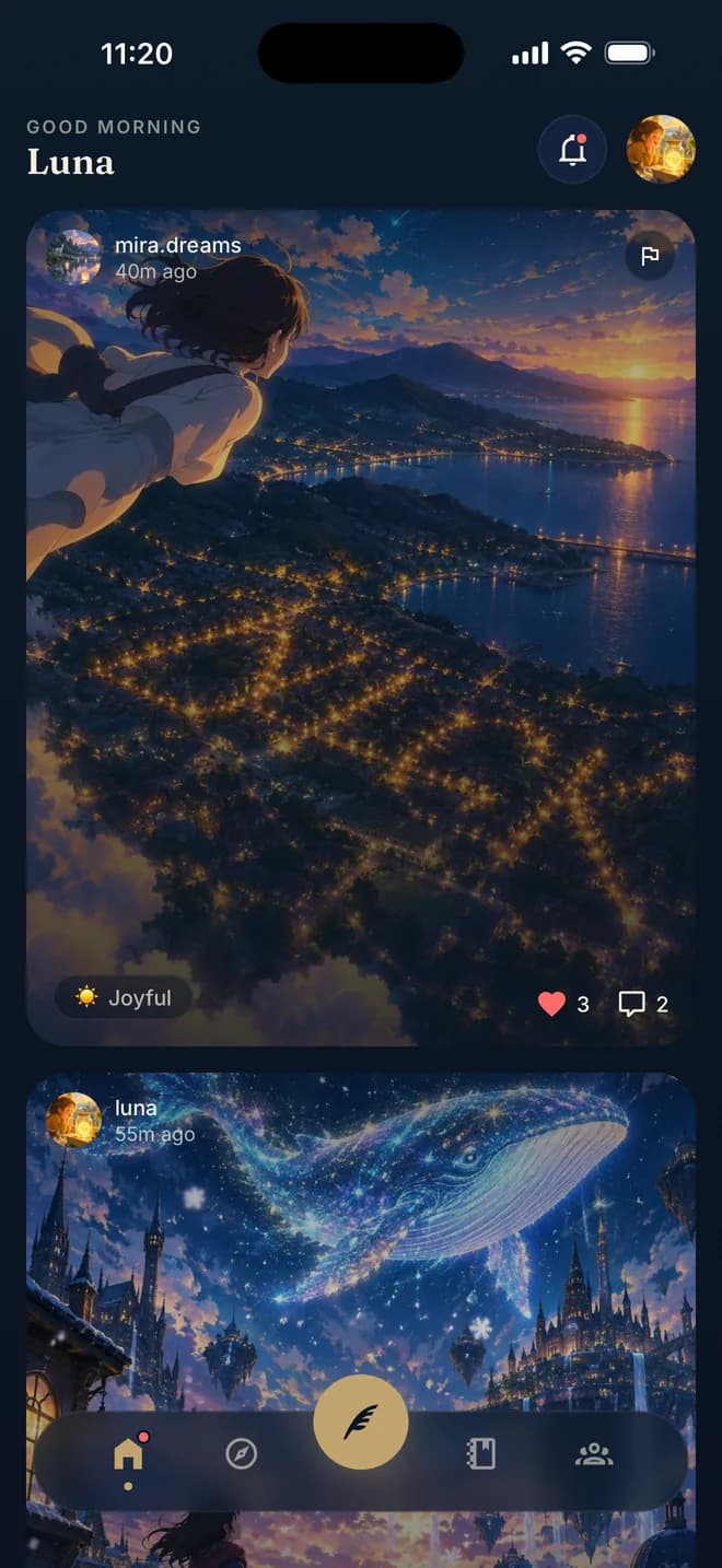 The Visora home feed with dream paintings from friends